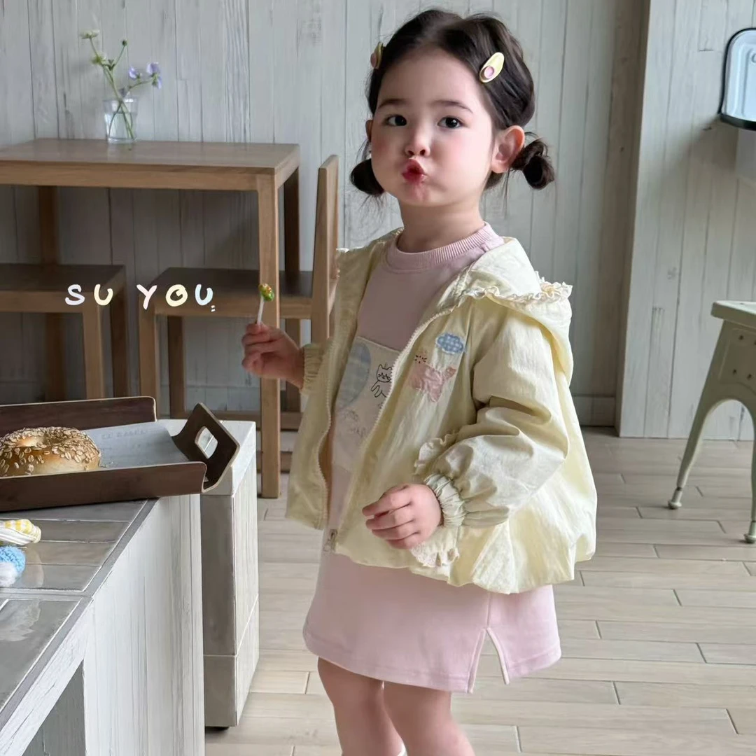 春款女童韩版云朵小猫蕾丝边连帽外套