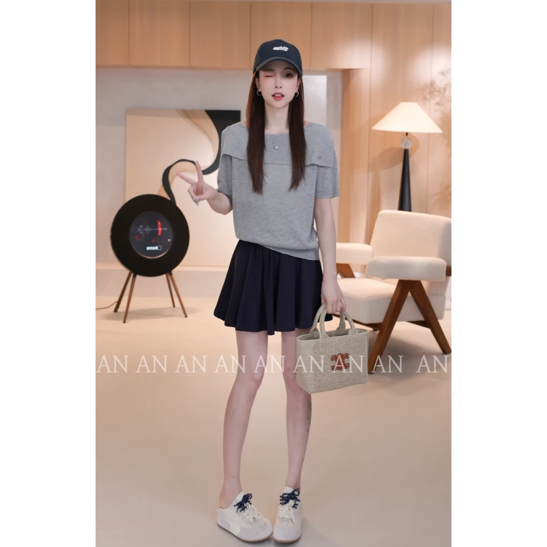 C04390夏季新款设计感气质宽松套头显瘦露锁骨翻领短袖针织衫