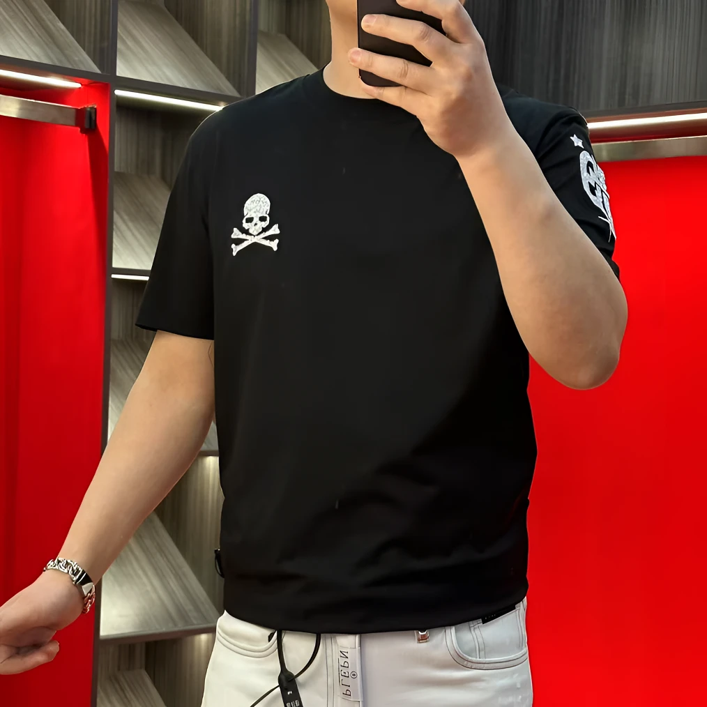 正品25新款潮牌液氨棉高品质欧货骷髅头烫钻刺绣潮流T恤衫2569