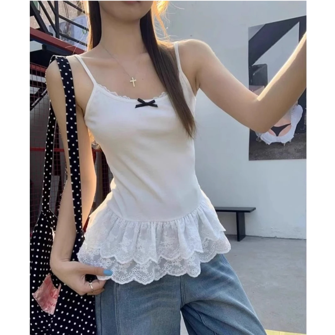 白色吊带背心女春季蝴蝶结叠穿内搭蕾丝花边打底外穿短款绝美上衣