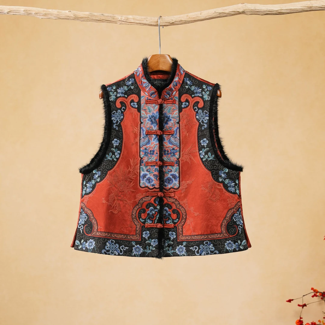 千椿物喜定制人丝提花立领刺绣毛边盘扣棉马甲815566