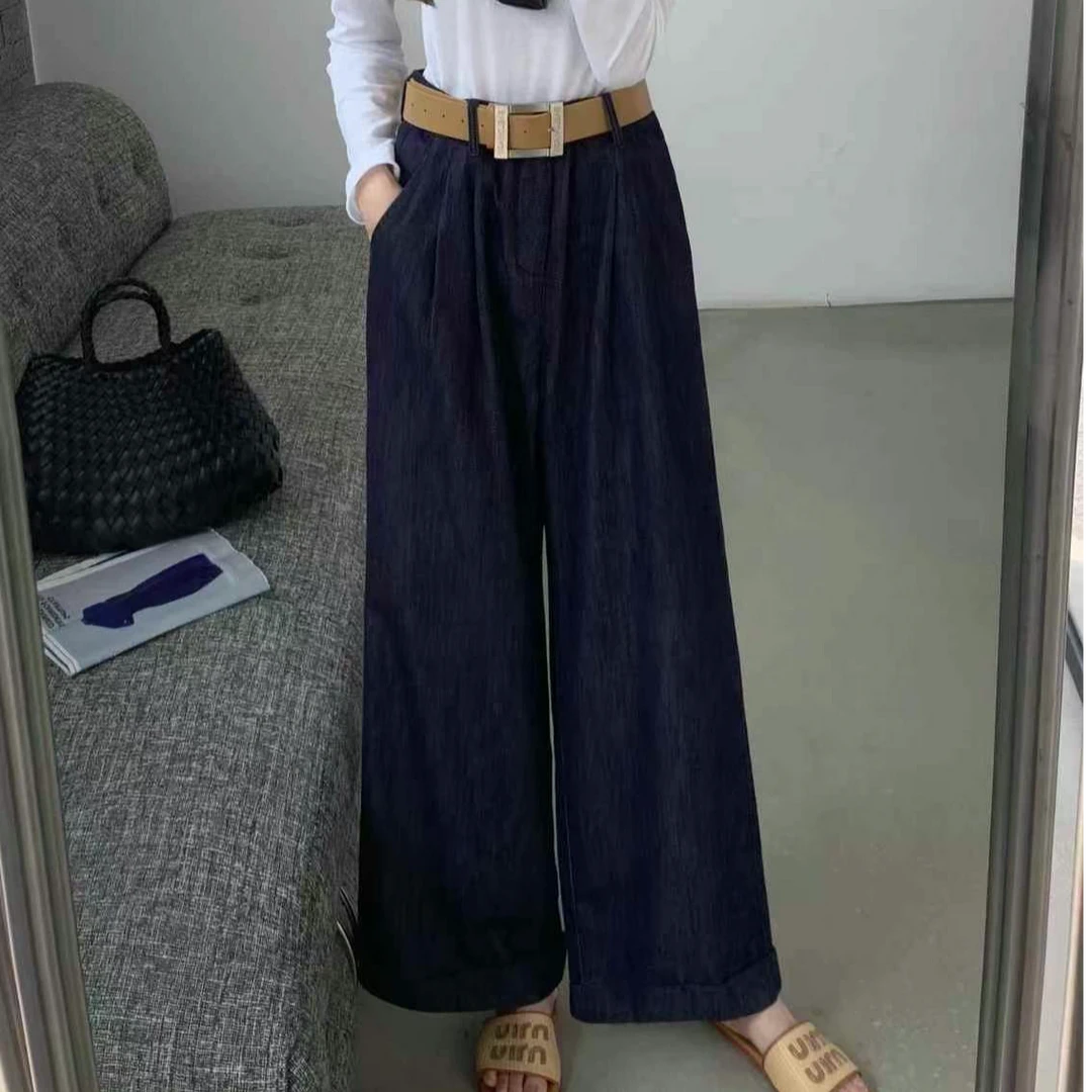 薇莎8119【现货】深蓝翻边阔腿牛仔裤（无皮带）