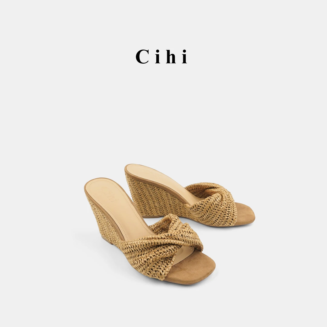 Cihi設計’retro‘ 复古编织露趾 度假坡跟凉拖鞋
