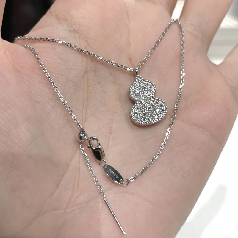 坠链均925银合成锆石 高定双面碎冰冰小葫芦项链