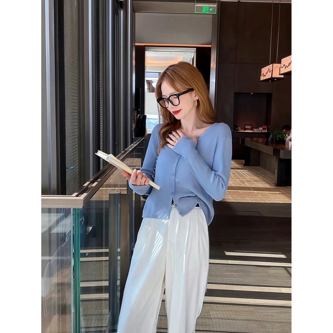 针织衫女短款蓝色外搭小开衫防晒外套薄款2025年秋季新款冰丝上衣