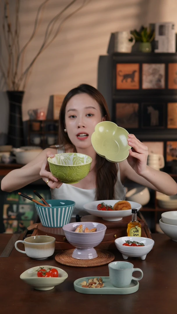 陶瓷北欧风浮雕印花米饭碗 绿色四叶碟两件套微瑕 凑满20发货