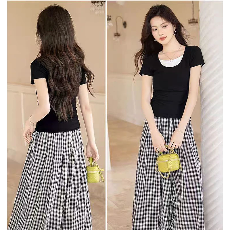 2025夏季新款修身假两件上衣搭阔腿裤两件套2008