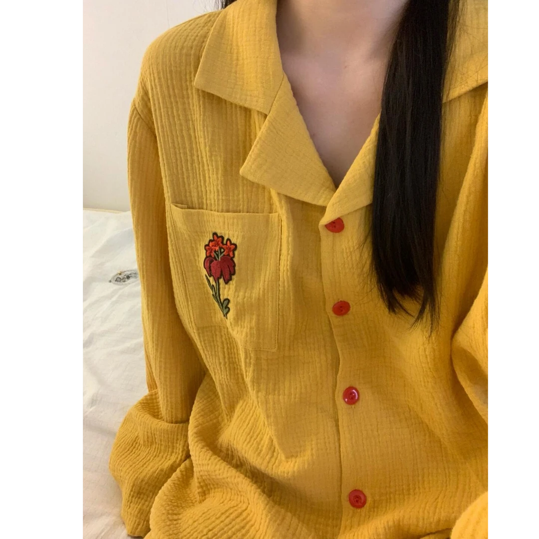 日系简约花卉纯色棉纱睡衣女春秋新款宽松长袖长裤居家套装可外穿