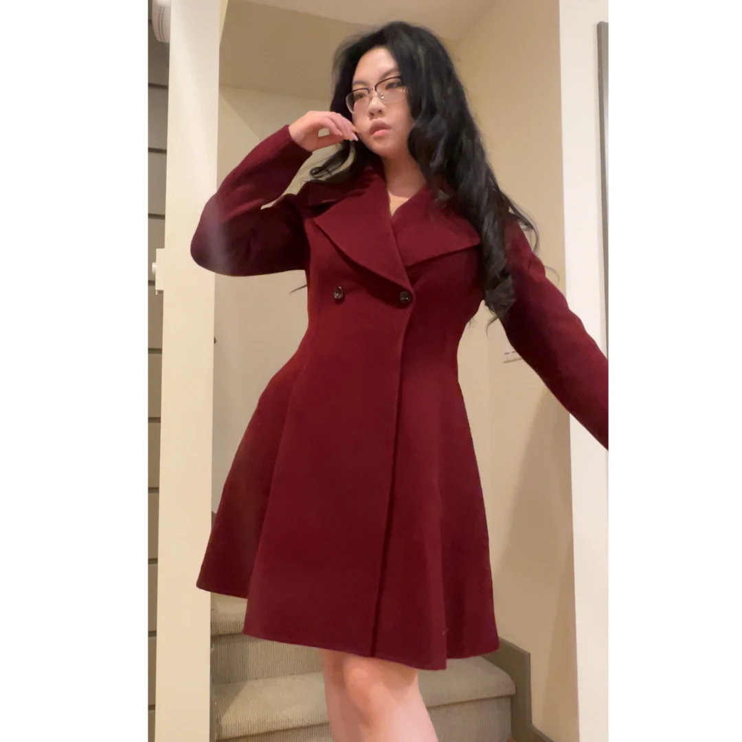 绝美枣红色100%羊毛款大衣！收腰绝美浪漫裙摆美版全尺码