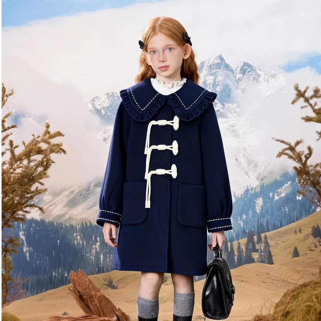 女童中长款娃娃领直筒大衣女冬季新款甜美保暖宽松毛呢外套22488