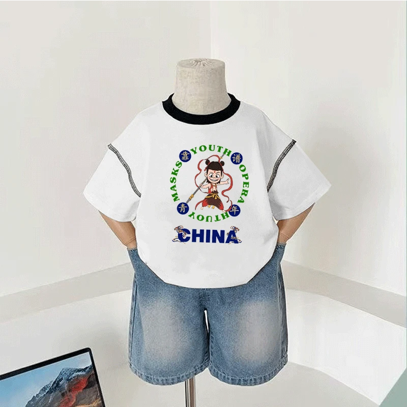 新款哪吒儿童卡通短袖T恤拼接宽松休闲百搭中大小男女儿童宝宝潮t