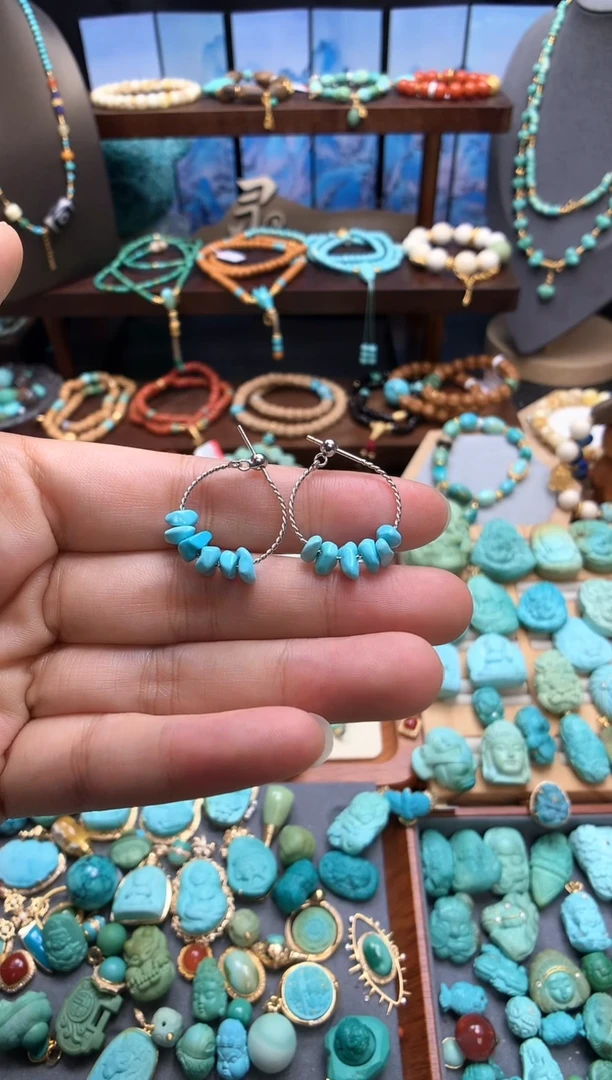 银S925镶嵌绿松石耳饰精品绿松石耳圈