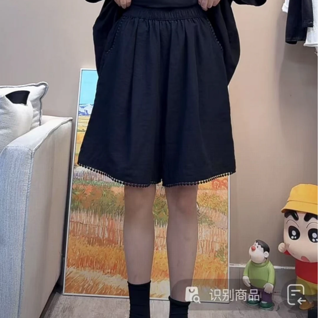 棉麻休闲钩花五分短裤女宽松