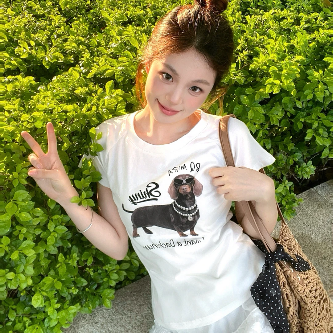 珍珠墨镜腊肠狗短袖t恤男女夏季潮牌美式情侣休闲上衣体恤