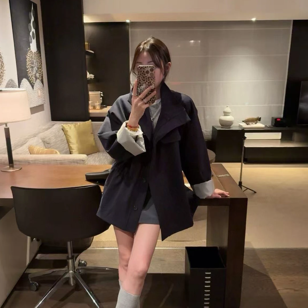 系扣假口盖中长款风衣