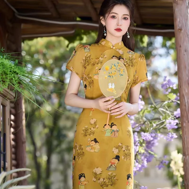 小唐人新款夏改良中长款小个子复古风旗袍新中式显瘦气质时尚少女