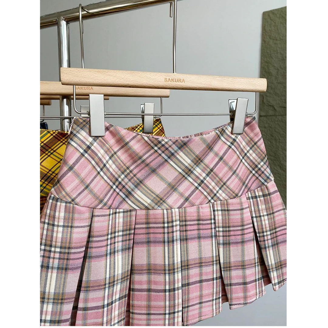 春季新款格子百褶半身裙女夏季裙裤a字美式复古学院风裙子短裙