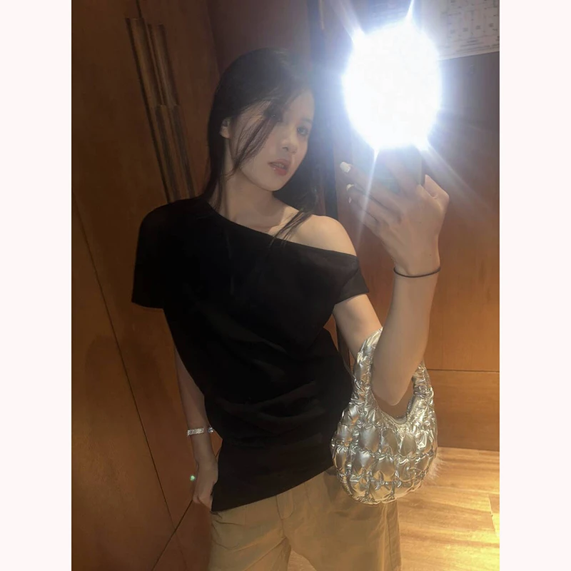 【NO退NO换】来自b0【小众斜肩 t】夏季显瘦纯色不规则上衣【B7383】