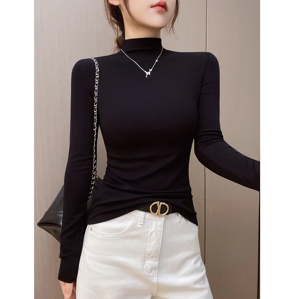 轻职风黑色打底T恤半高领打底衫女款爆款2026新款螺纹针织上衣