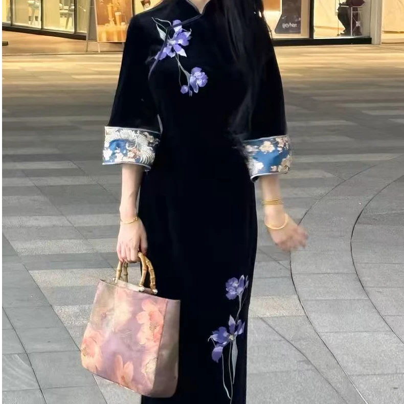 画报金夫人 自制高级刺绣手工丝绒旗袍倒大袖旗袍连衣裙 兰妃娘