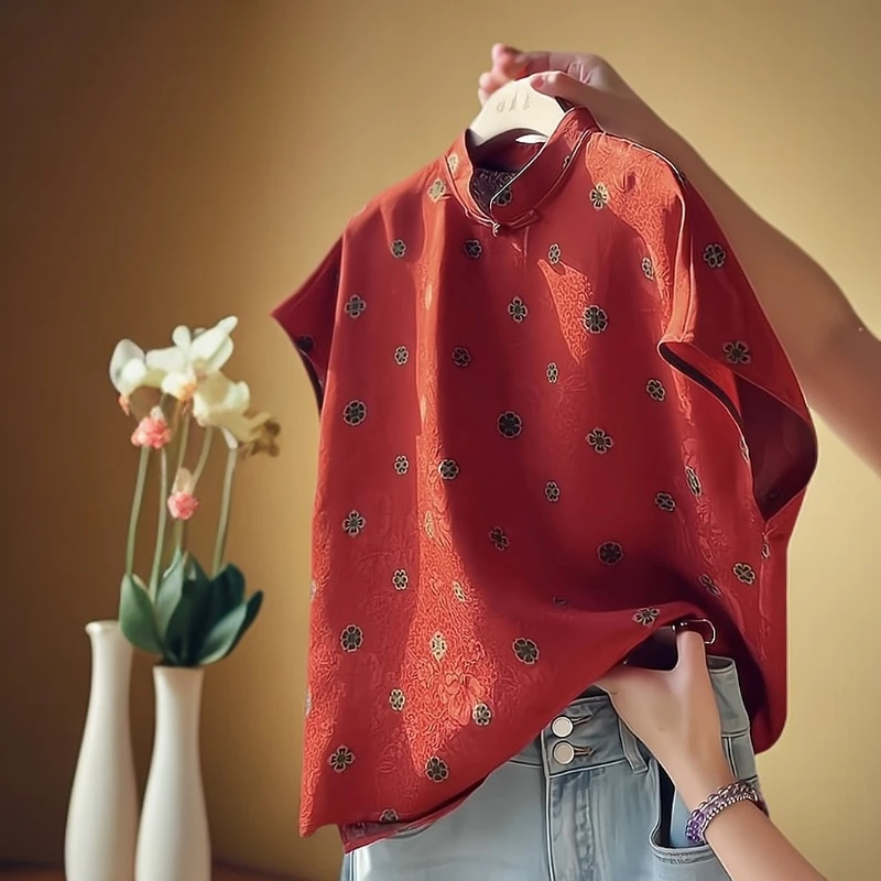 新中式复古国风碎花设计小众百搭中国红上衣2025新款减龄无袖衬衫