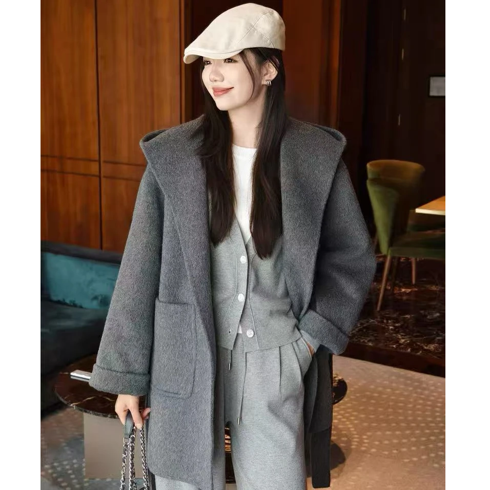 美洋MEIYANG 小浴袍大衣 羊驼羊毛双面呢_可拆卸腰带连帽-周五