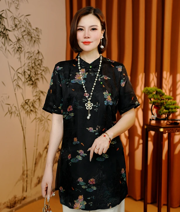 【语汐】2025新款夏季新中式T恤短袖刻花修身显瘦减龄气质款