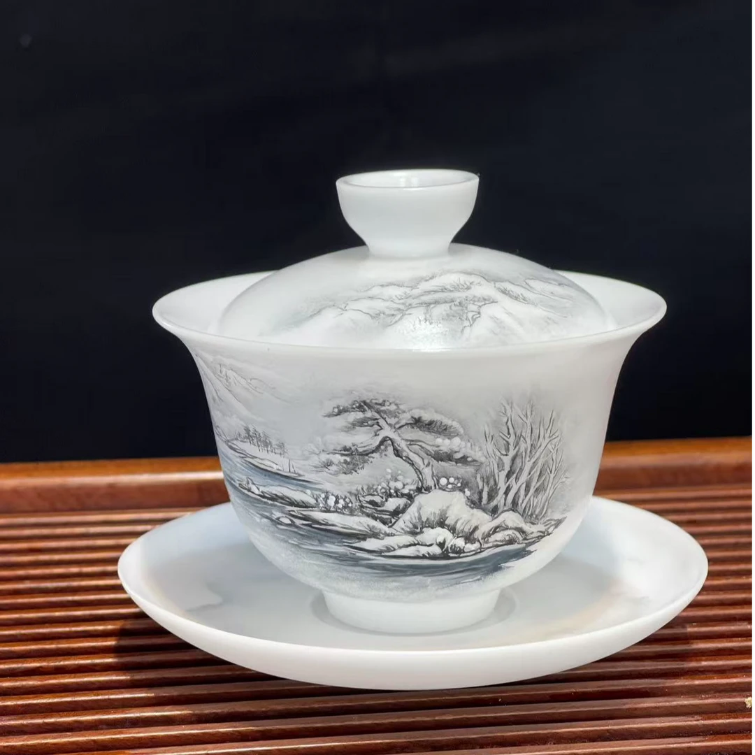 手绘冰种玉瓷薄胎雪景盖碗茶盖碗高档白瓷德化中国白盖碗茶具茶杯