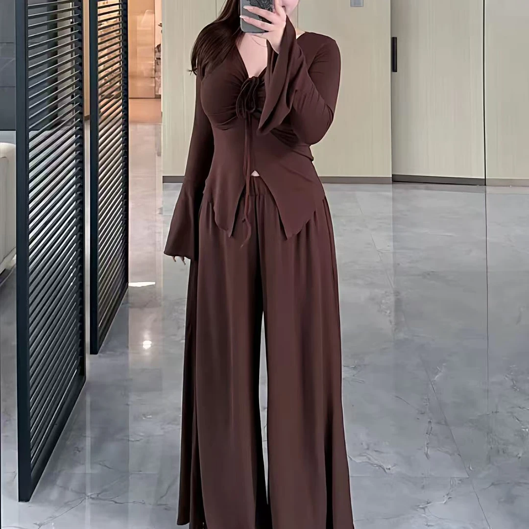 早秋纯欲风性感V领显瘦上衣高腰阔腿裤套装