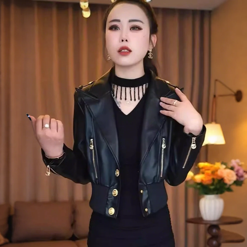 春季新款拉链翻领皮衣螺纹收腰金属扣外套女2025新品时尚显瘦外搭