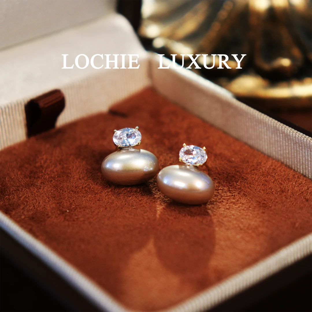 黄铜锆石耳饰 K019【锦屏韶光】法式复古轻奢椭圆珍珠镶嵌锆石耳钉