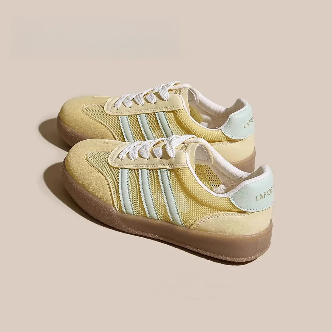 福福透气黄色德训鞋女款2025新款夏季休闲板鞋拼色网面阿甘小白鞋