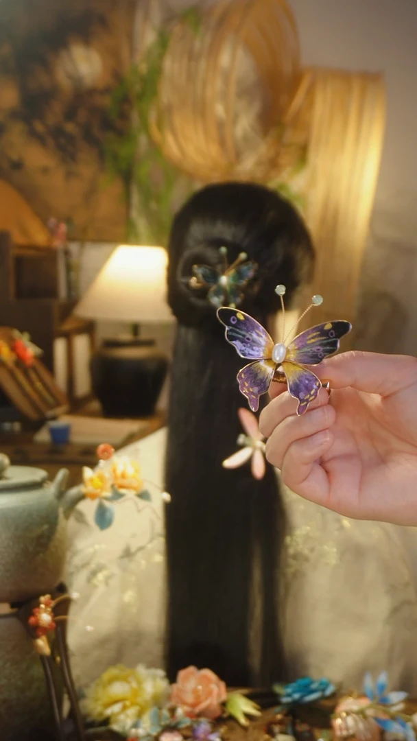 非遗绒花手绘蝴蝶粉紫