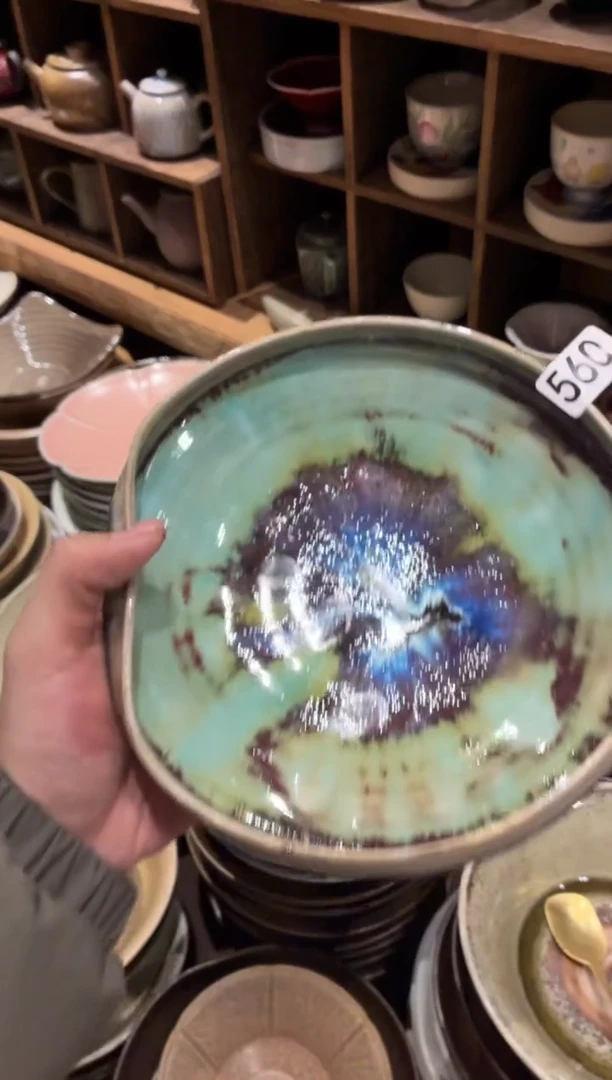 瓷片澡**鸟560微瑕窑变蓝手工盘1个