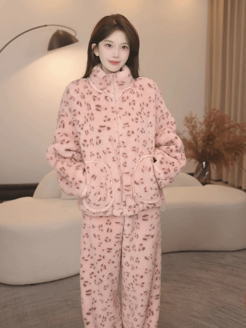 新款秋冬季女甜心豹纹睡衣女士加绒加厚保暖家居服可爱睡衣可外穿