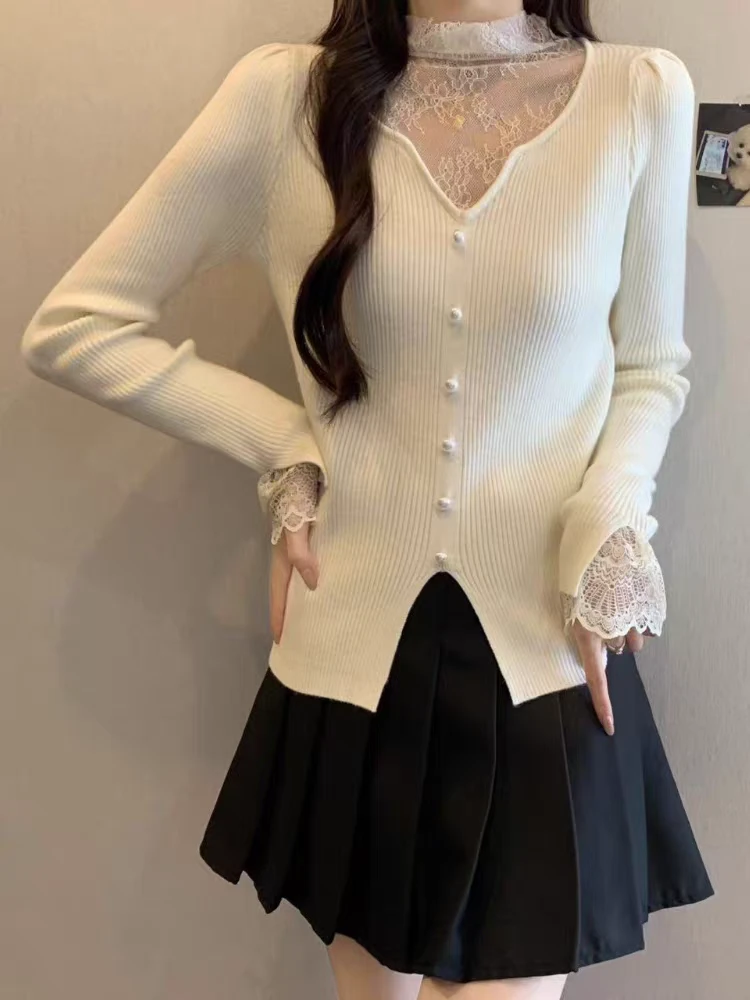 V领蕾丝针织打底衫毛针织衫黑色针织开衫显瘦贴身打底百搭上衣女