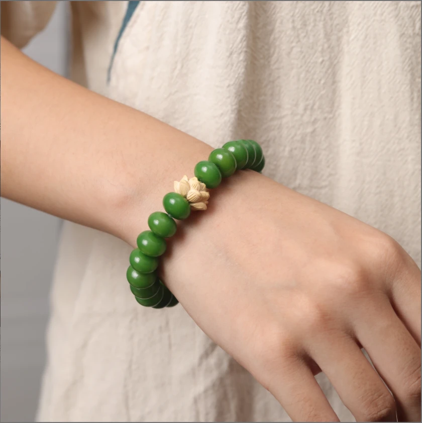 原生态菩提 好运莲生绿6*9mm算盘珠单圈手串+莲花