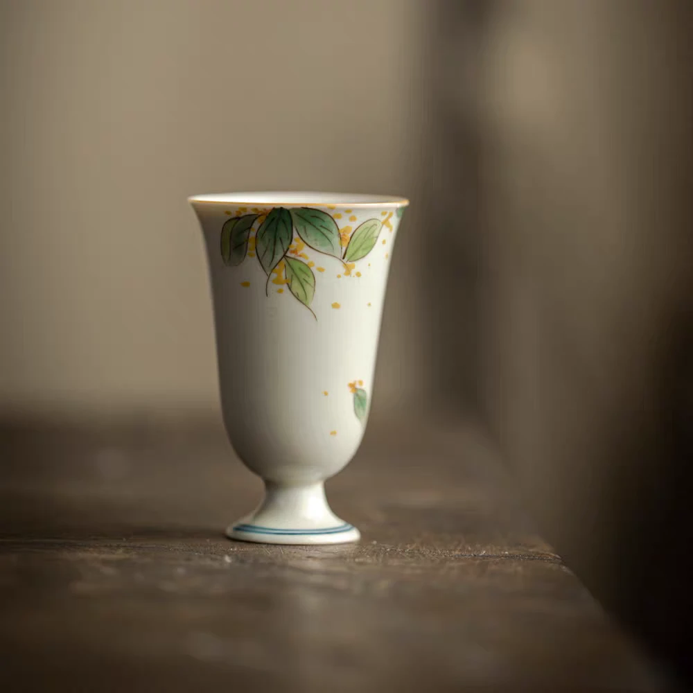 草木灰手绘桂花闻香杯主人杯个人杯美人杯品茗杯高脚杯复古陶瓷