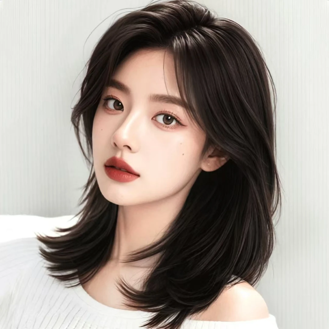 中分款八字刘海层次锁骨发升级手织头顶混真发隐形无痕蓬松假发片