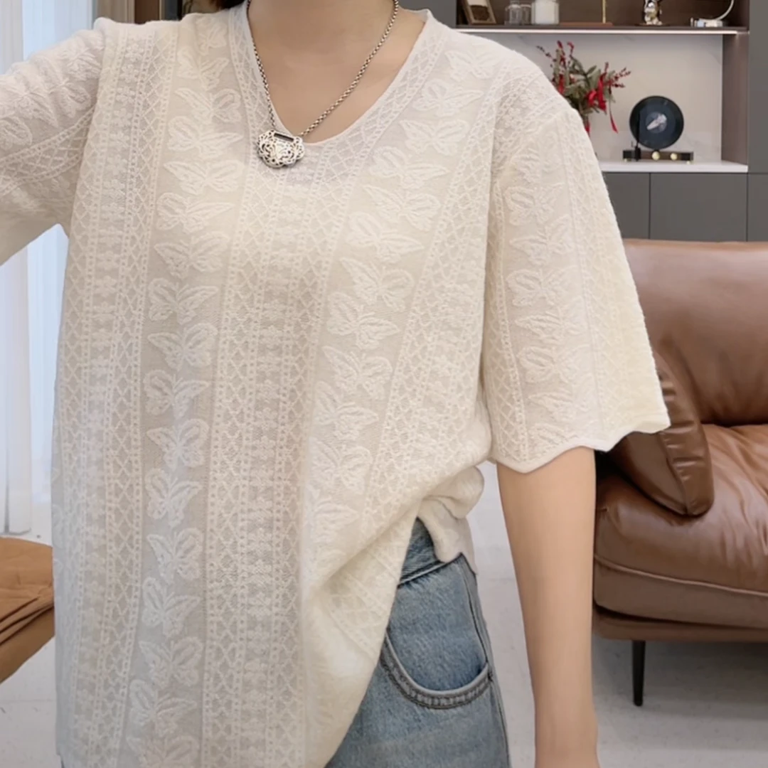 重工蝴蝶毛衣女2025年夏季新款V领纯色百搭高级感短袖极简风上衣