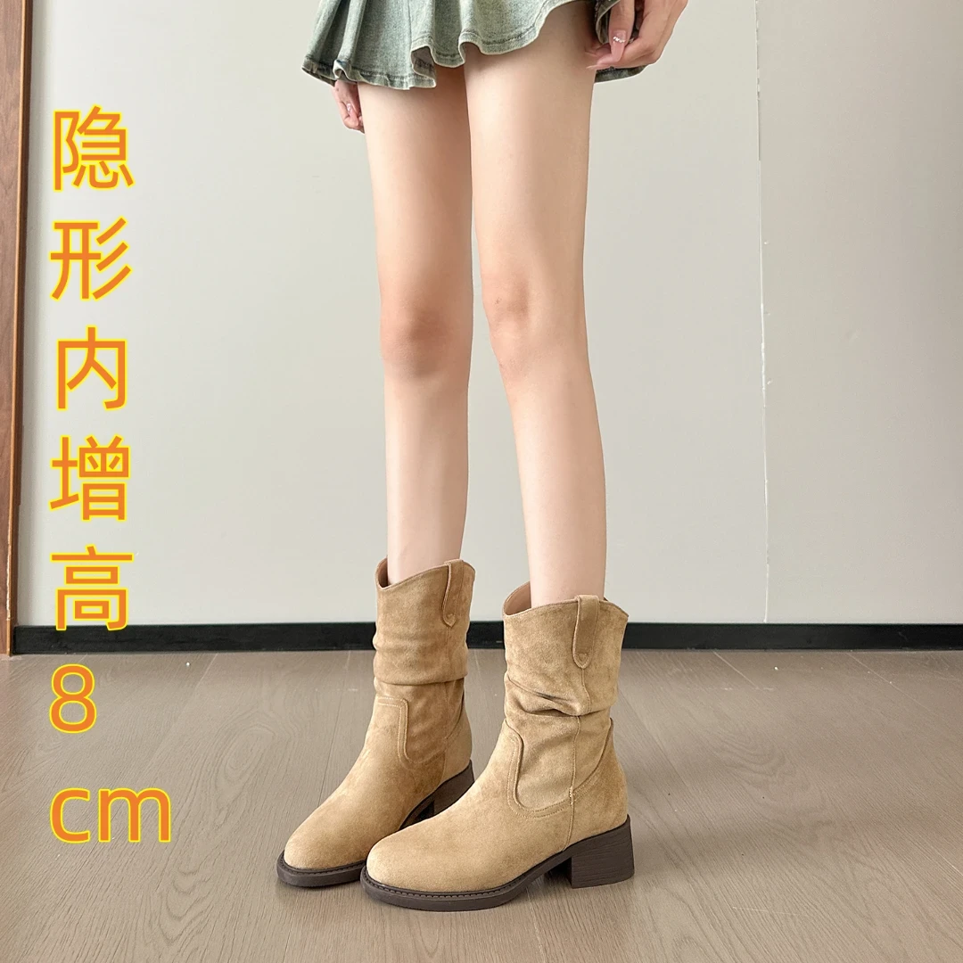 内增高8cm真皮堆堆靴秋冬2025新款美拉德西部牛仔加绒中筒马丁靴
