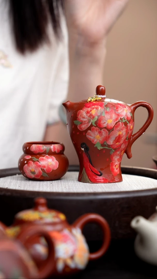 茶壶紫砂L***a朱泥小蛮腰泥绘彩霞仙子+杯