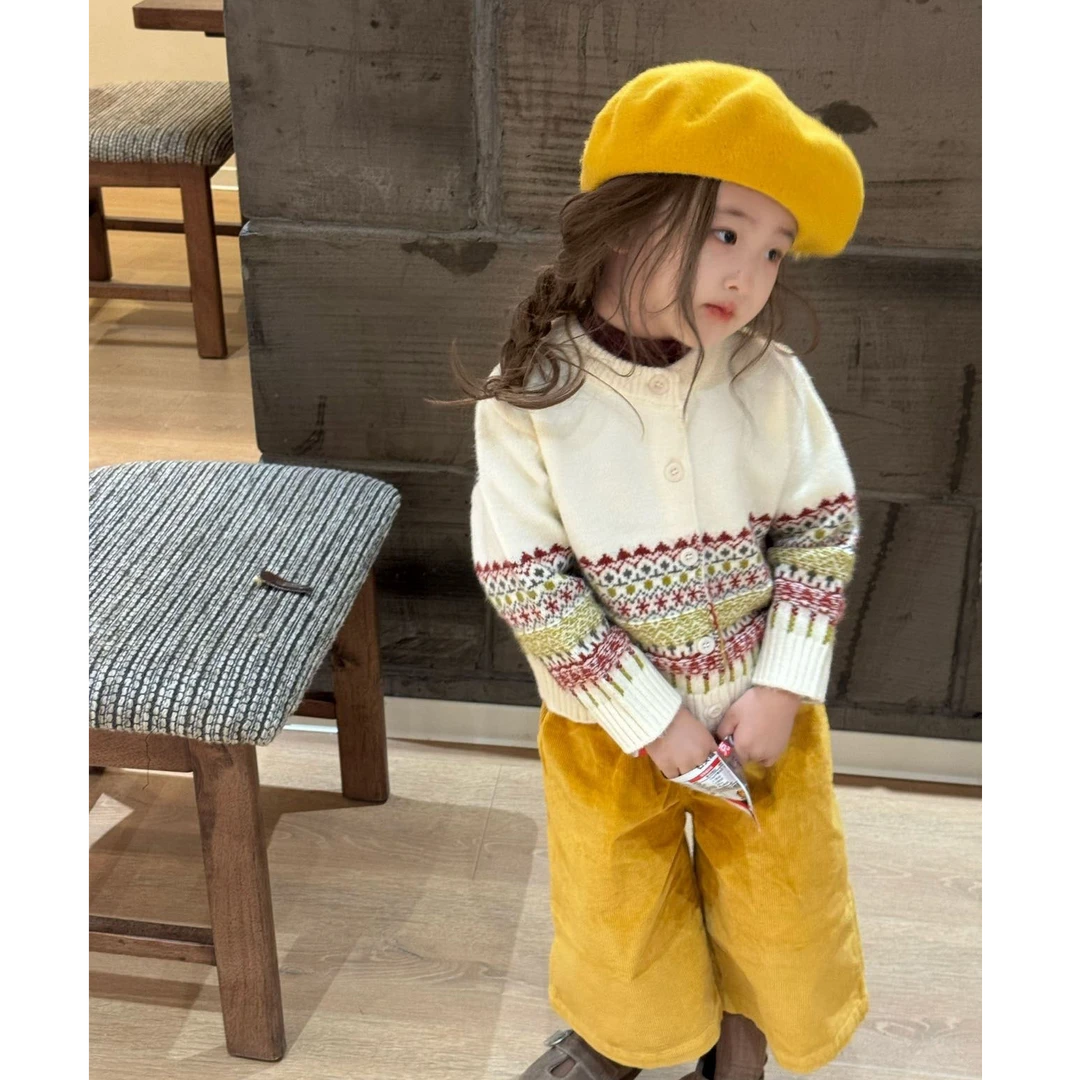 甜小七女童2025秋季新款洋气复古繁花针织开衫灯芯绒裤休闲套装