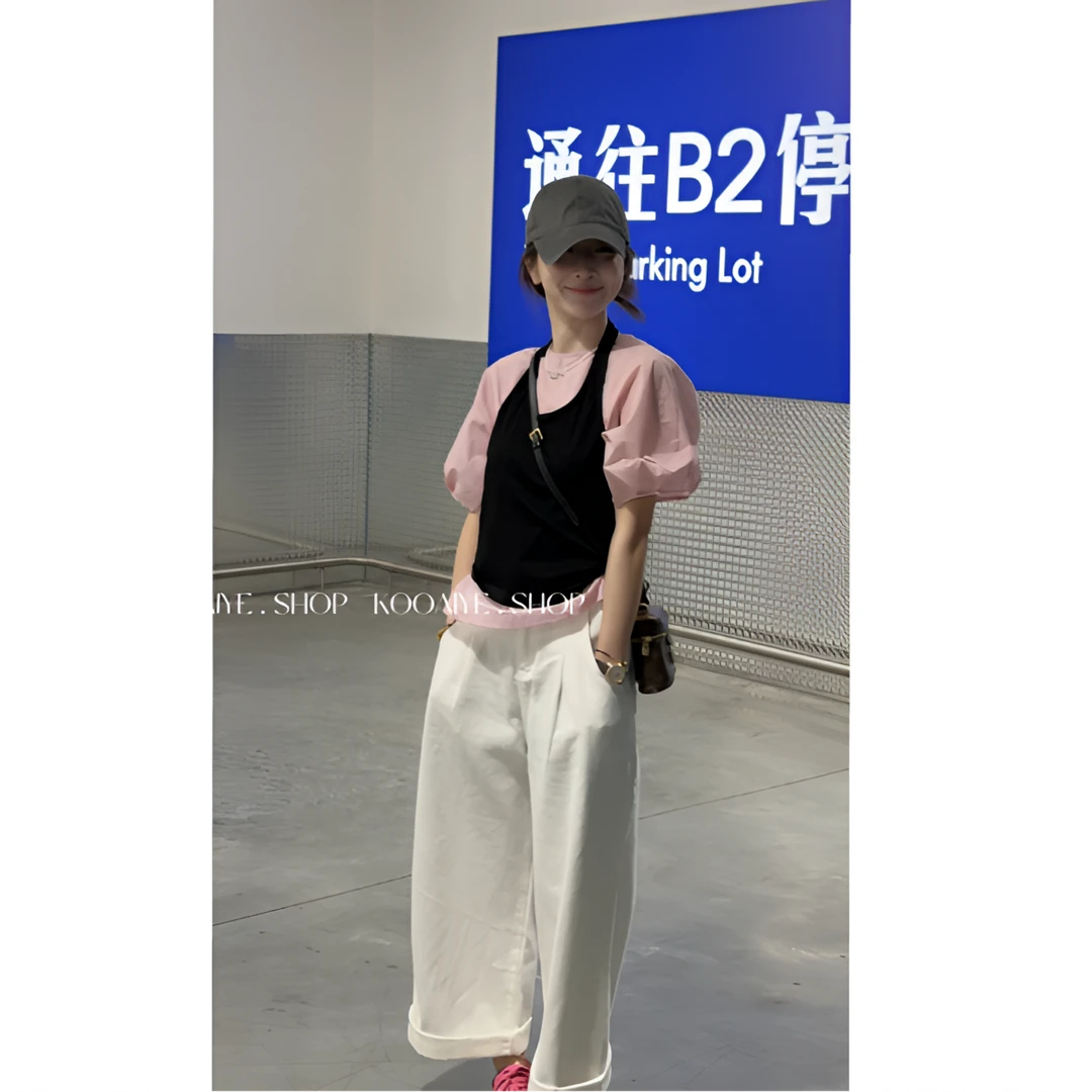 【冰莓粉】只出不进-春夏新款休闲圆领泡泡衫T恤+挂脖背心两件套