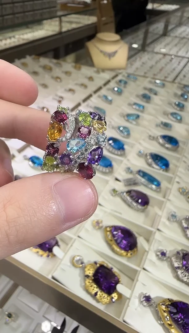 银S925镶嵌戒指黄晶多彩宝石排戒