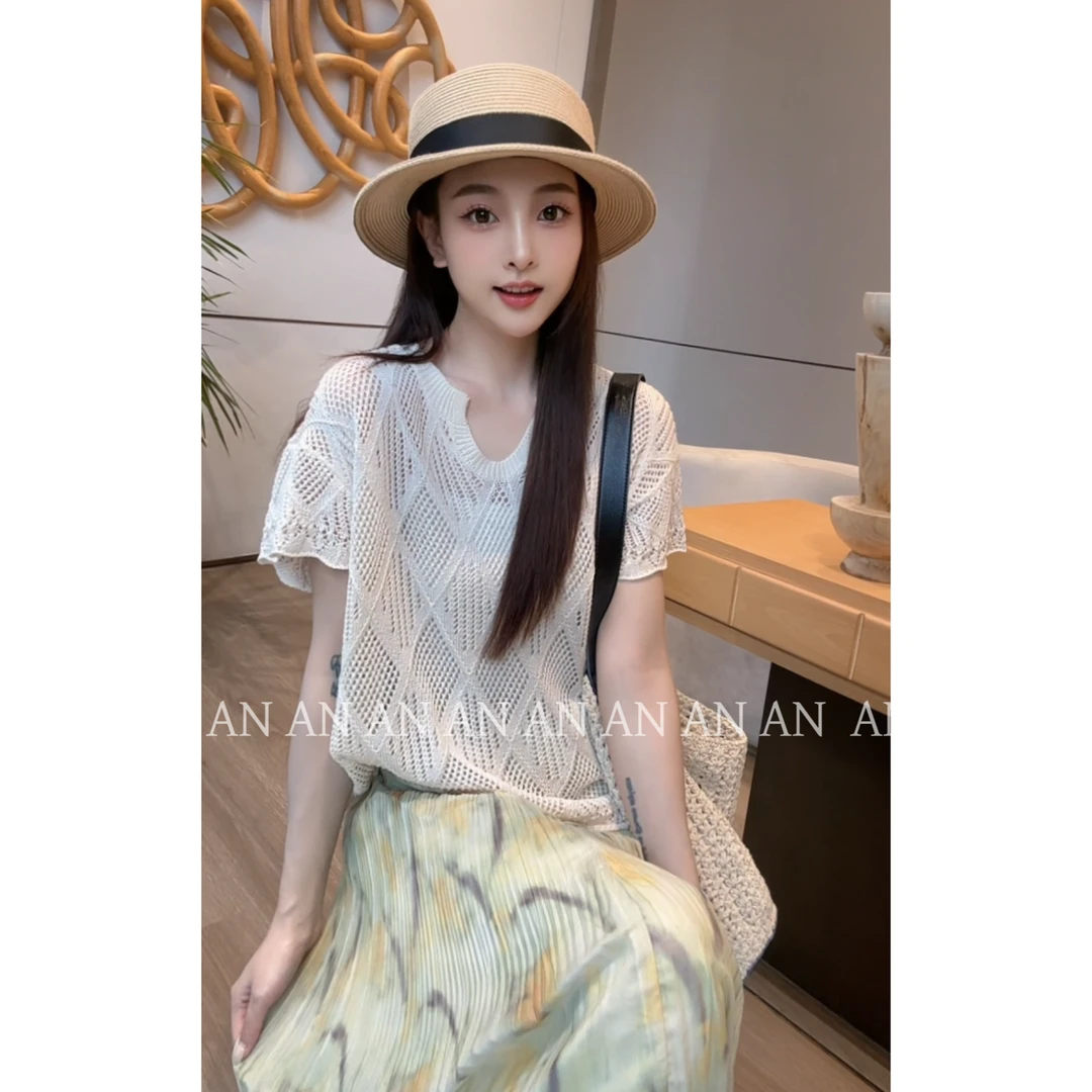 C06013夏季新款天丝亚麻度假风设计感宽松菱形镂空套头针织衫