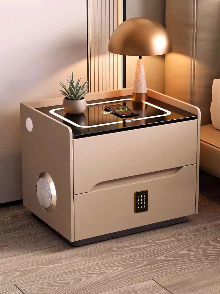 实木床头柜智能多功能卧室收纳柜轻奢蓝牙音箱指纹锁收纳柜子