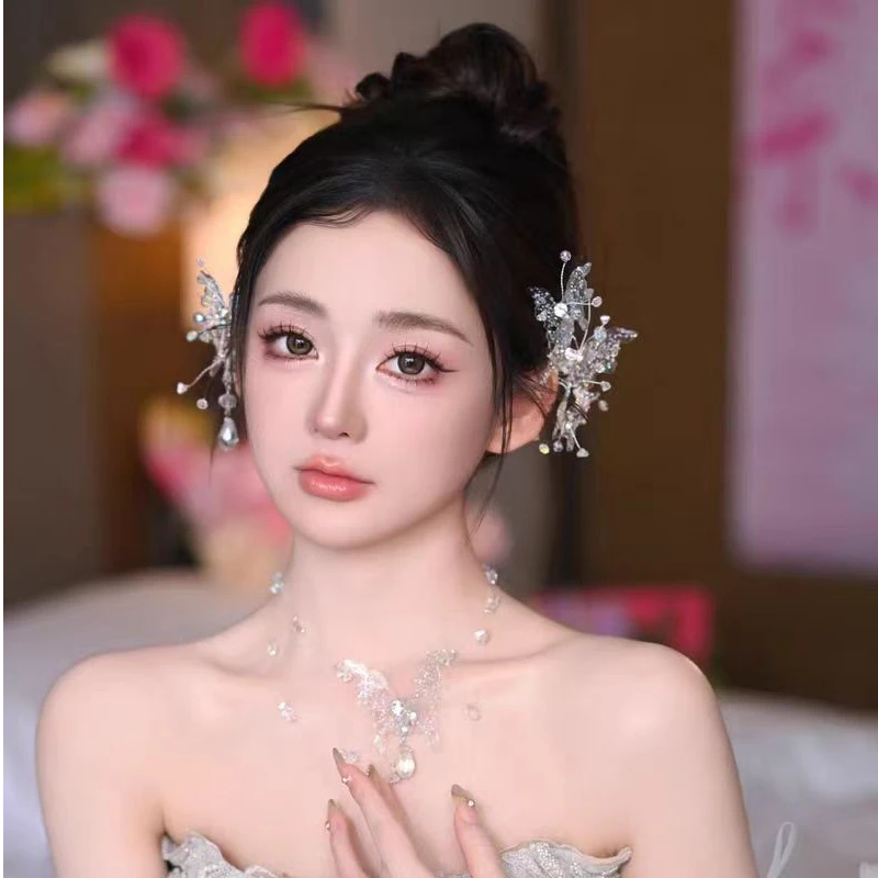 3053新款透明蝴蝶耳挂项链套装手工仙女气质韩式婚纱配饰