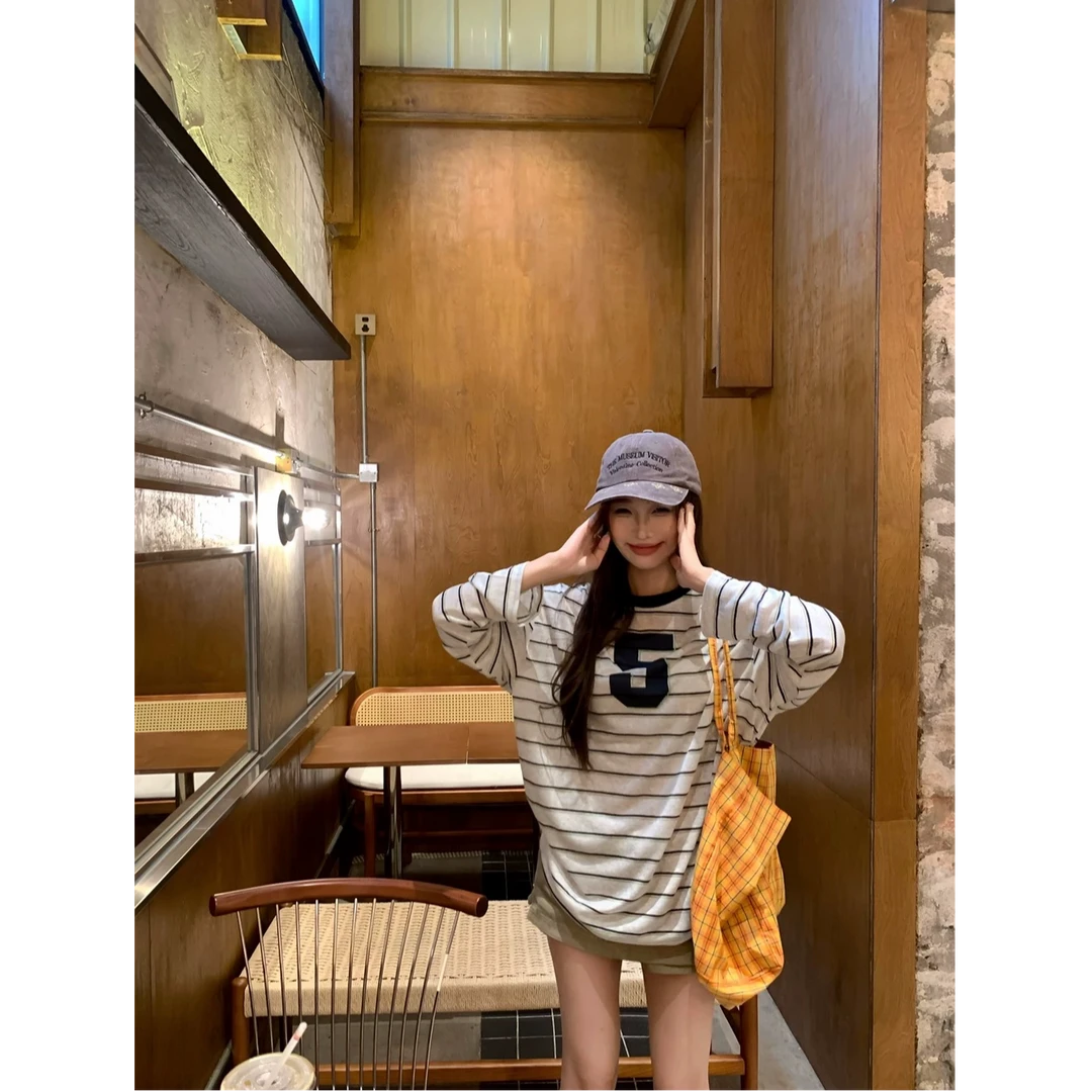 小韩系街头hun~条纹球衣T恤显瘦休闲宽松时尚长袖上衣女A3773