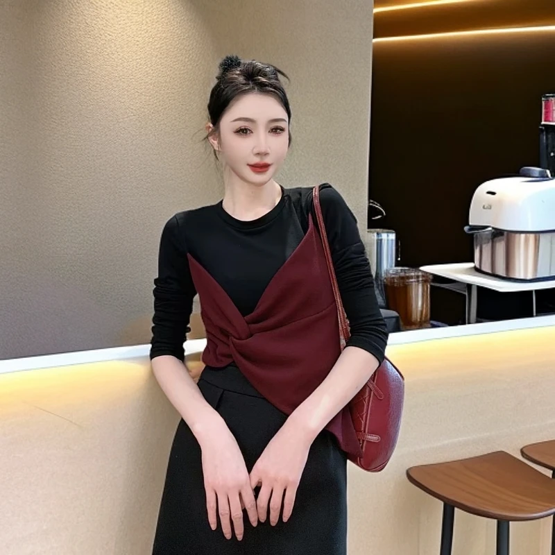 【美美专享】22611设计感不规则扭结修身显瘦长袖T恤上衣女